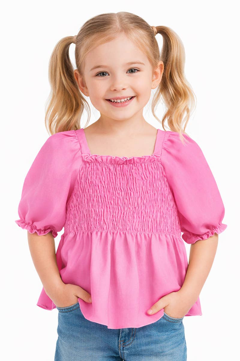 GKT-18002B-Q17 Girl's Fashion Top w/Smocking & Puff Sleeve: Pink #17 / S6/7