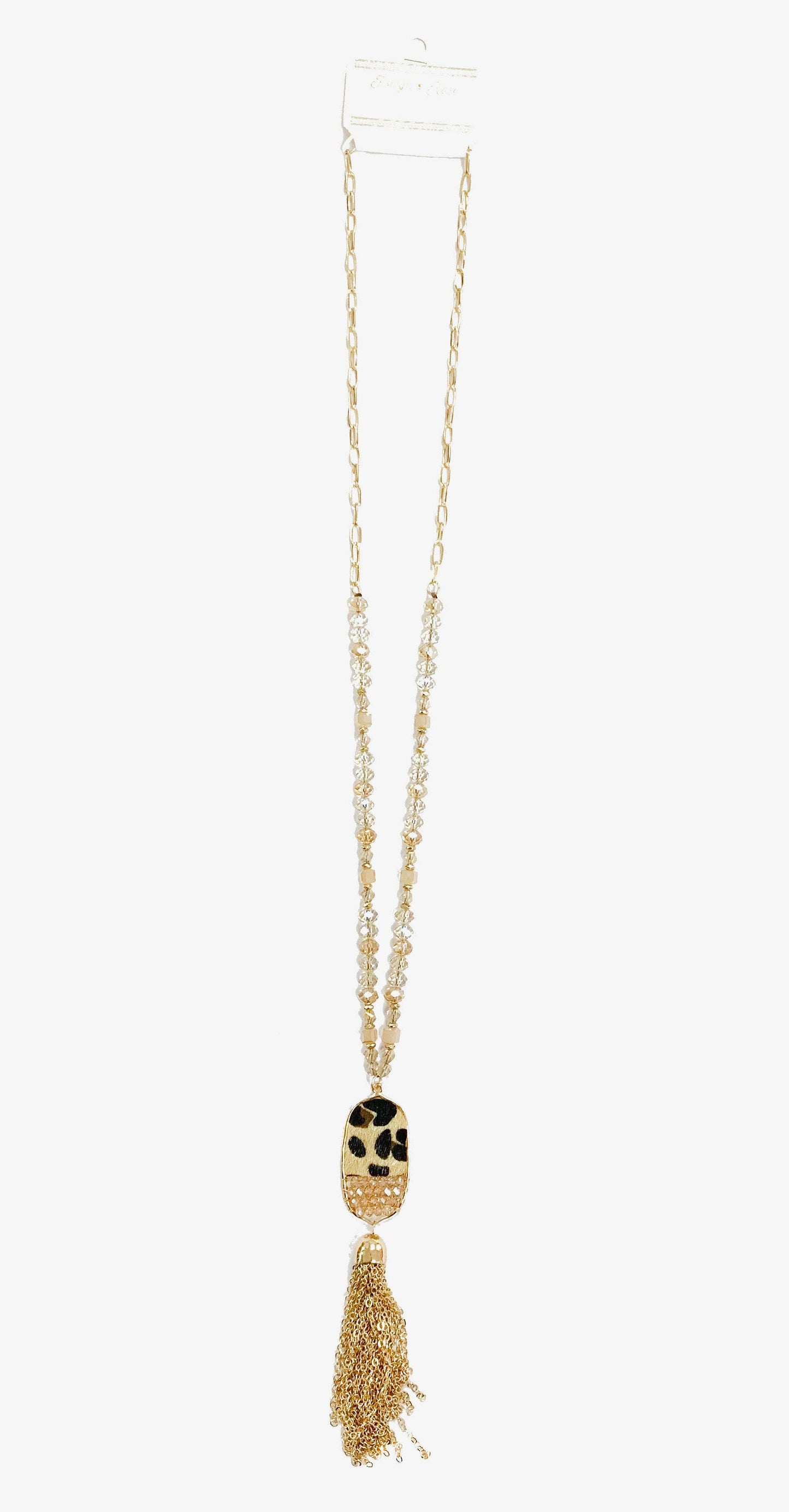 ALL THE DRAMA OVAL LEOPARD TASSEL GOLD PENDANT ON A IRIDESCENT CRYSTAL BEADED GOLD LINKED CHAIN NECKLACE: Gold / One Size