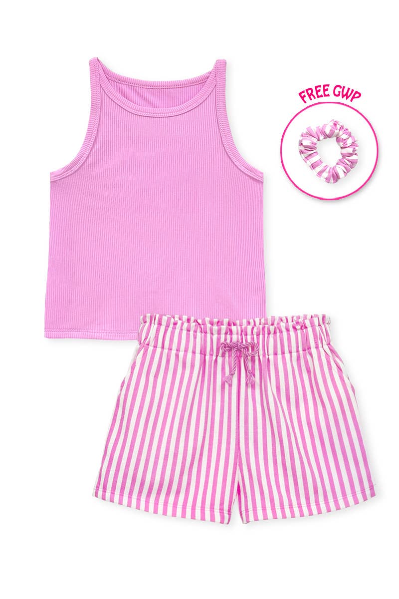GKSS-Y26-38185 Girl's Stipe Short Set w/ Matching Scrunchie: Blue / 8