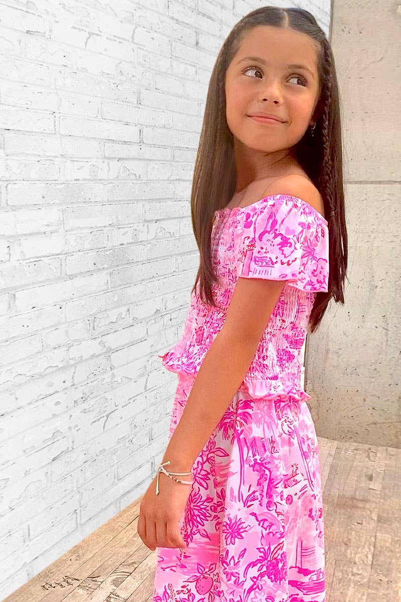 GKSS-3171B-Q74 Girl's 2 pcs Maxi Skirt Set w/ Smocking Top: Pink Coral Reef / L12/14