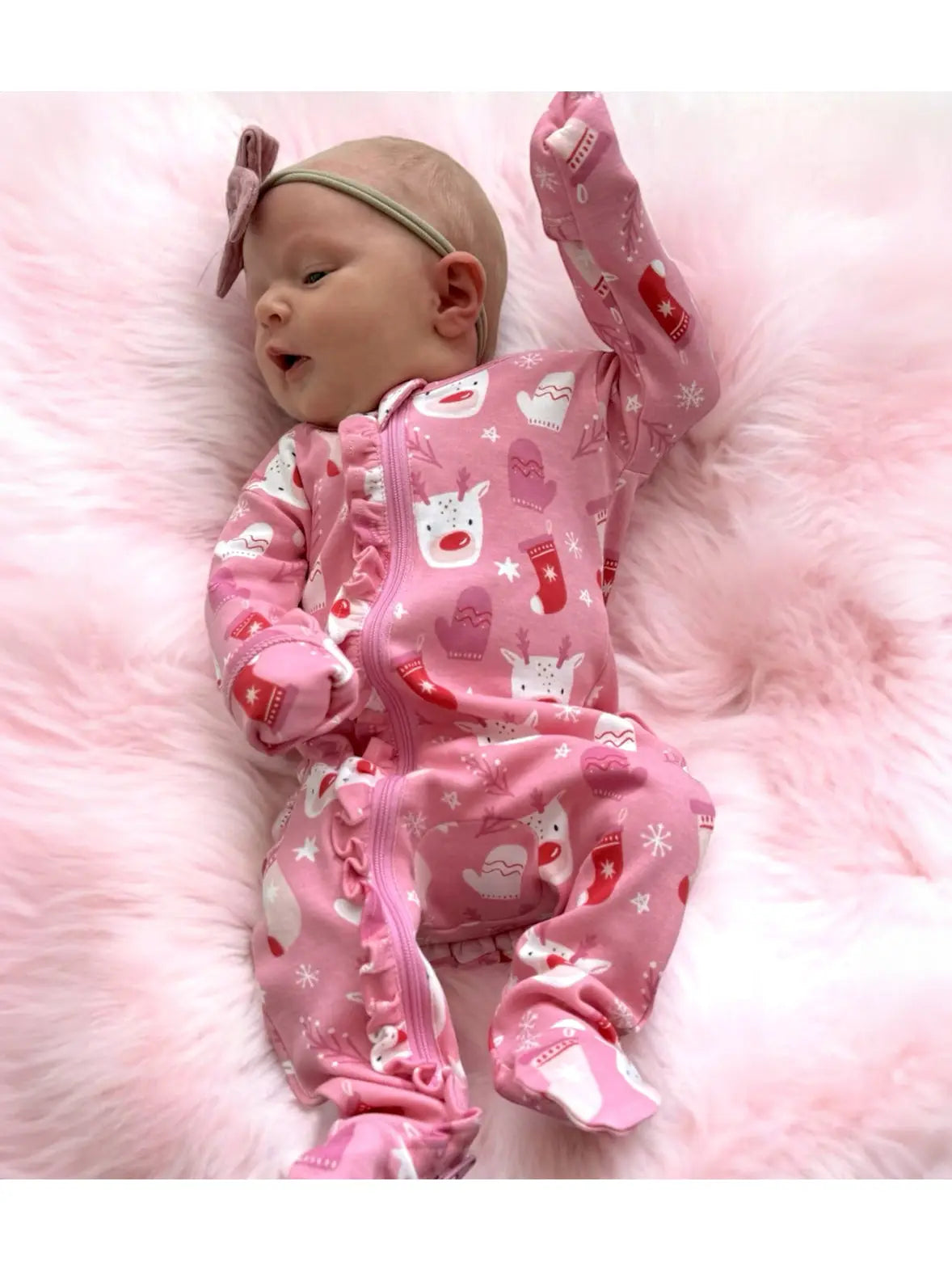 Reindeer Pink / Organic Frill Zip Footie