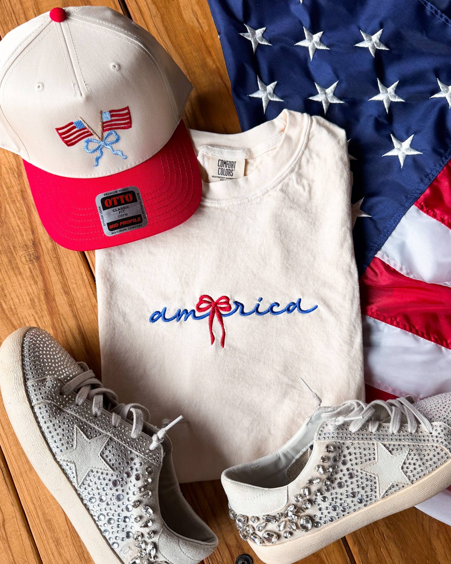 America Bow Embroidered Tee | Patriotic Script Top: L