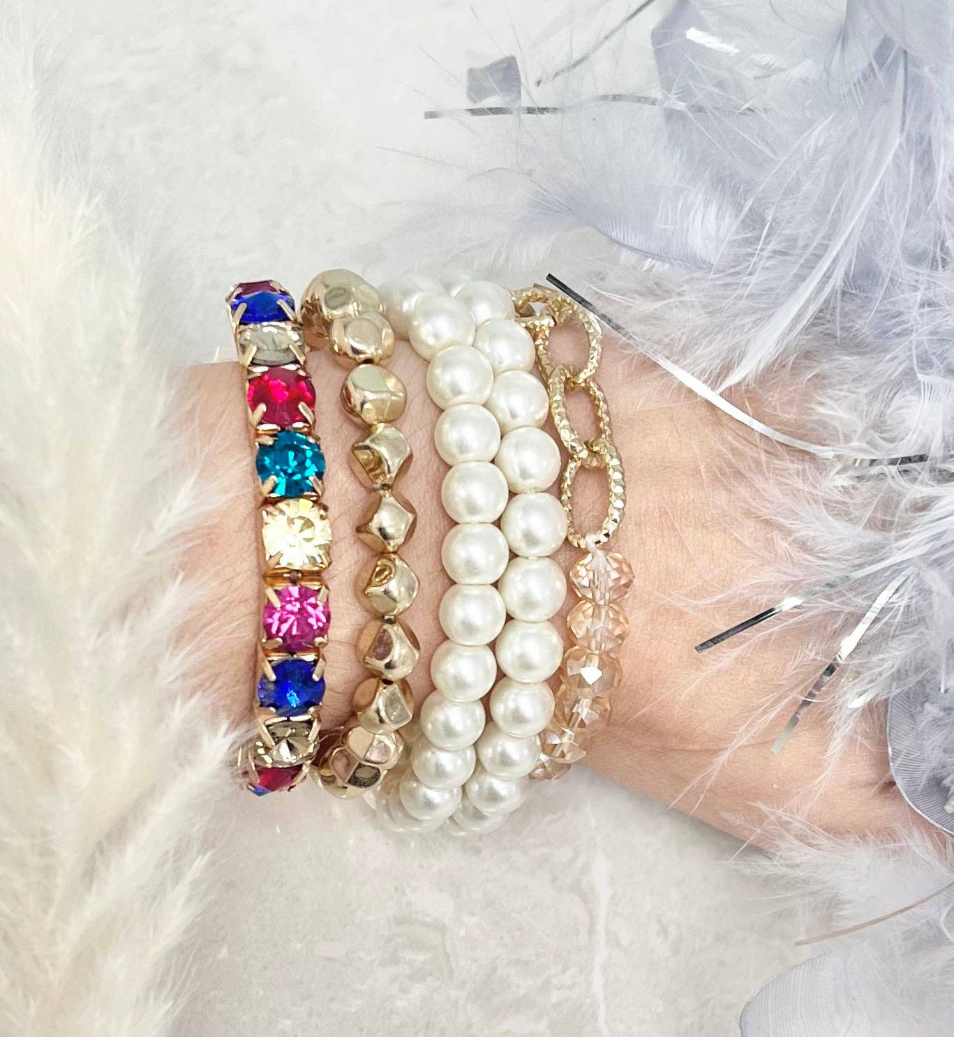 Iridescent Whispers: Pearl and Multicolor Gemstone Bracelet Duo: Multi / One Size