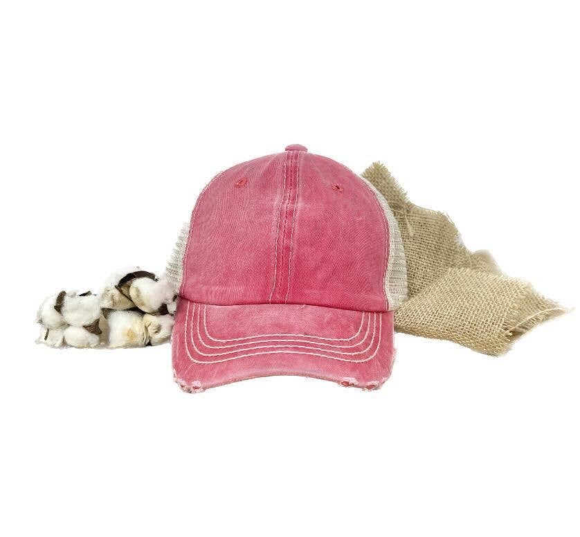 GIRLS Coral Distressed Hat with Tan Mesh: Coral / One Size