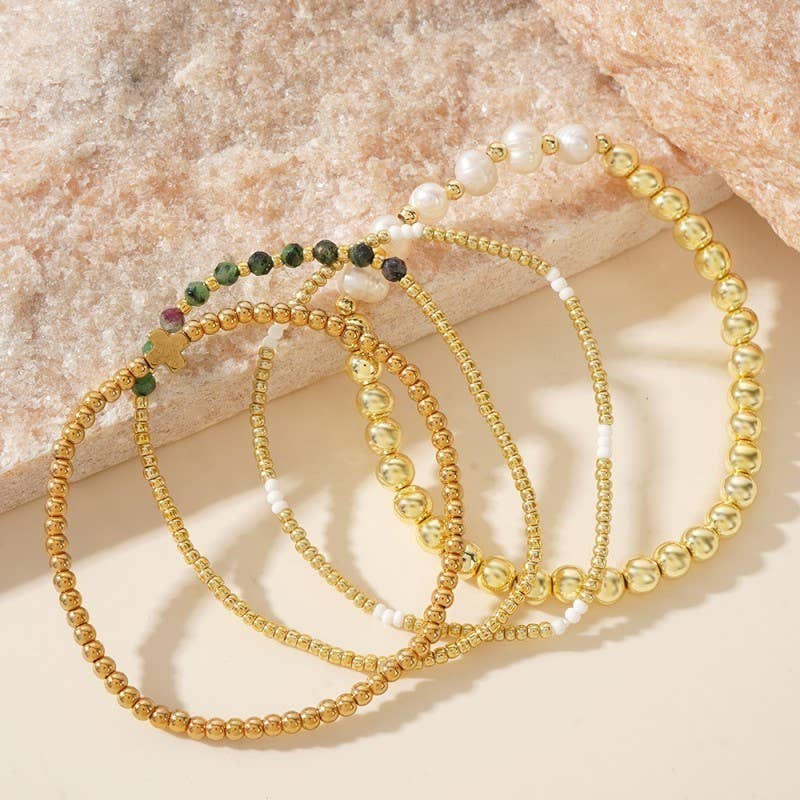 MULTI BALL PEARL CHAIN STRETCH BRACELET | 40B5183: AMETHYST