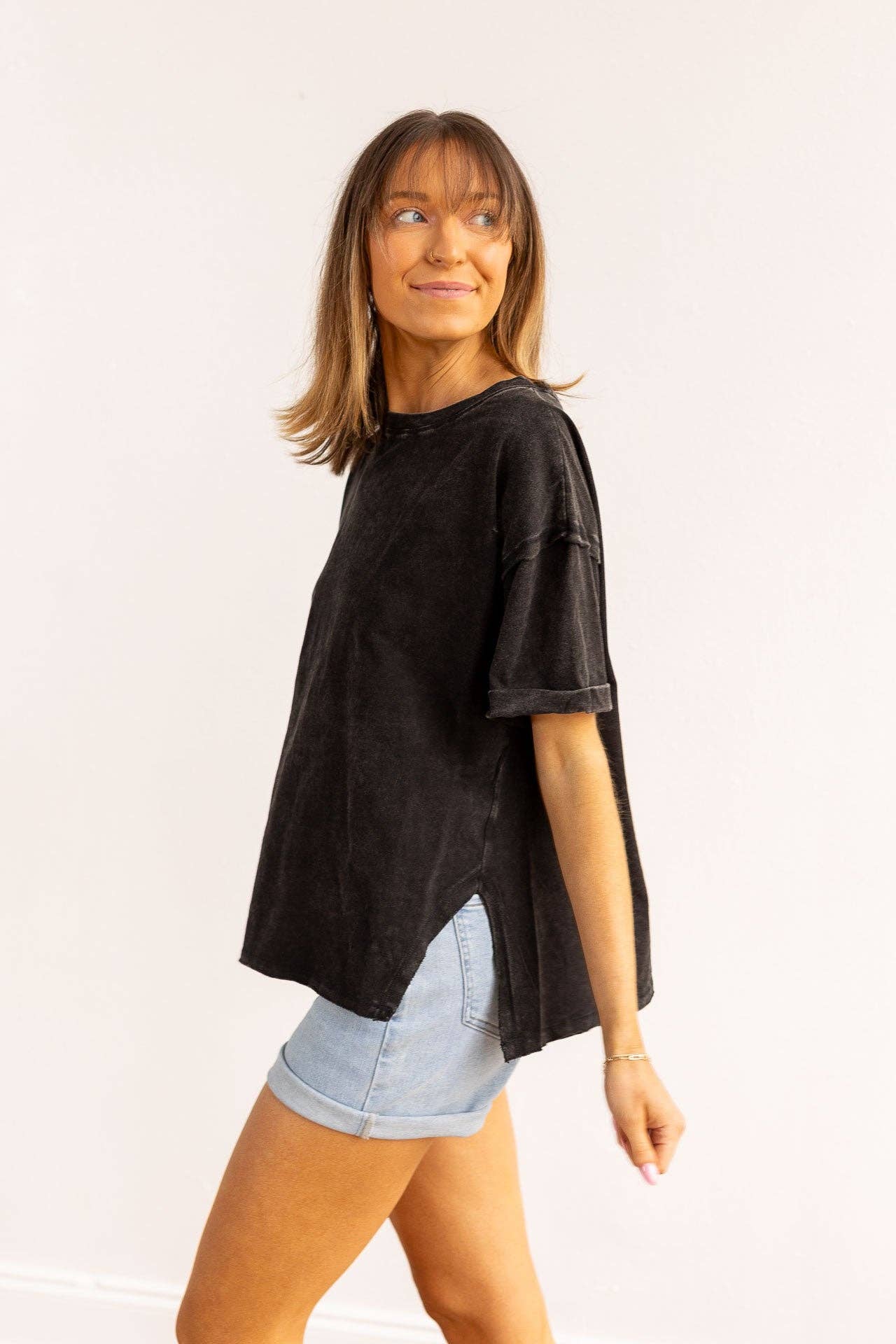 Black side slit crop with raw stitching.: Black / Plus Size