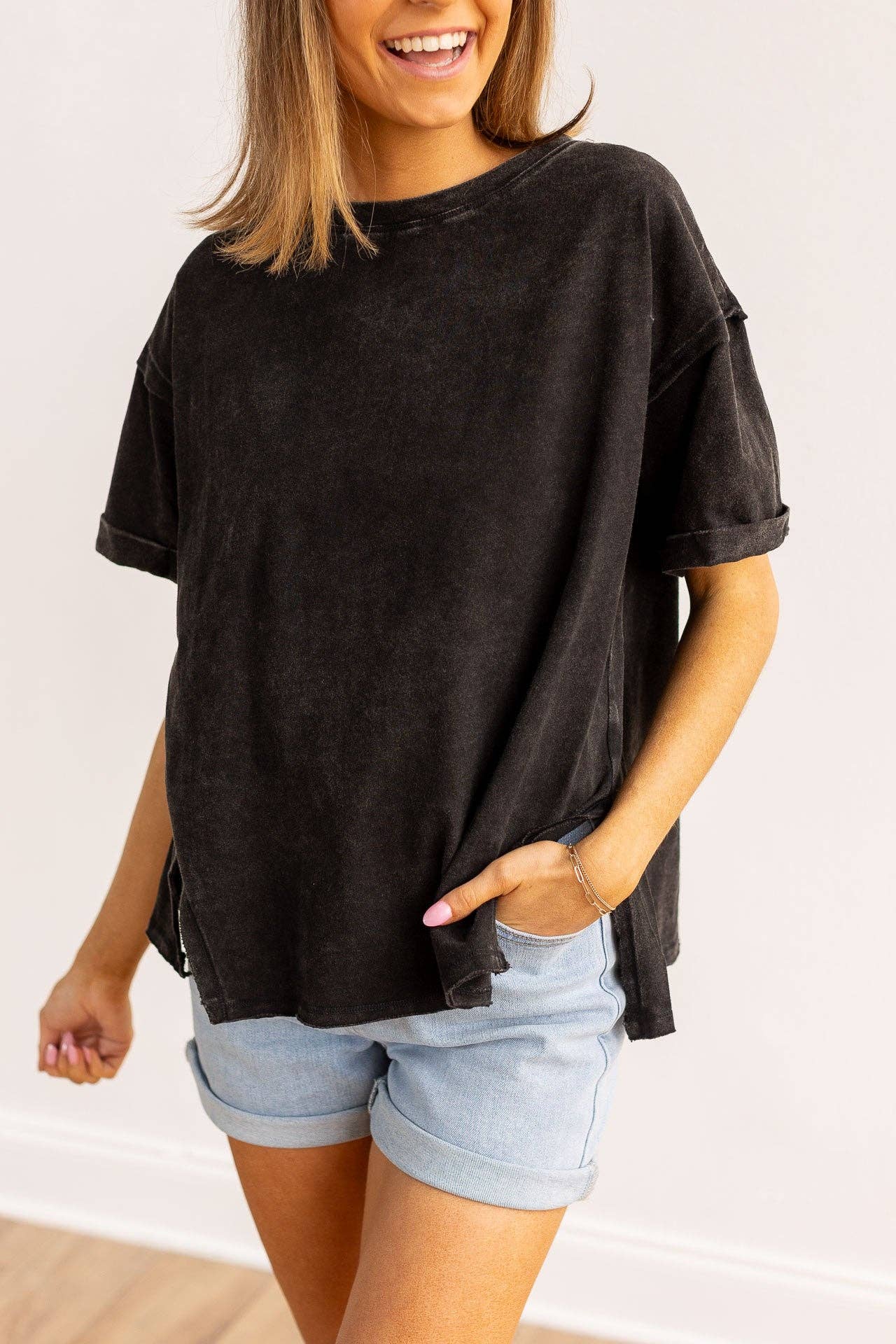 Black side slit crop with raw stitching.: Black / Plus Size