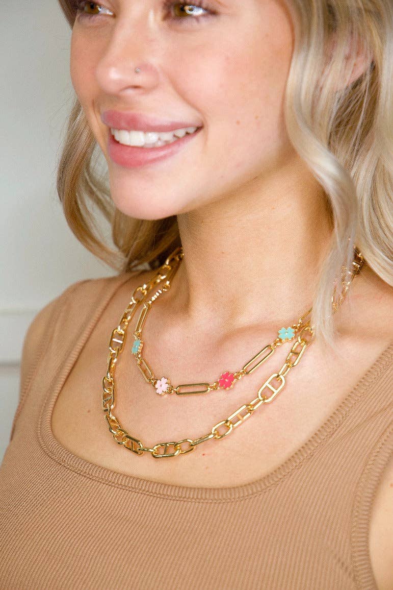 2-Strand Paperclip Chain with Floral Beads: Gold / One Size
