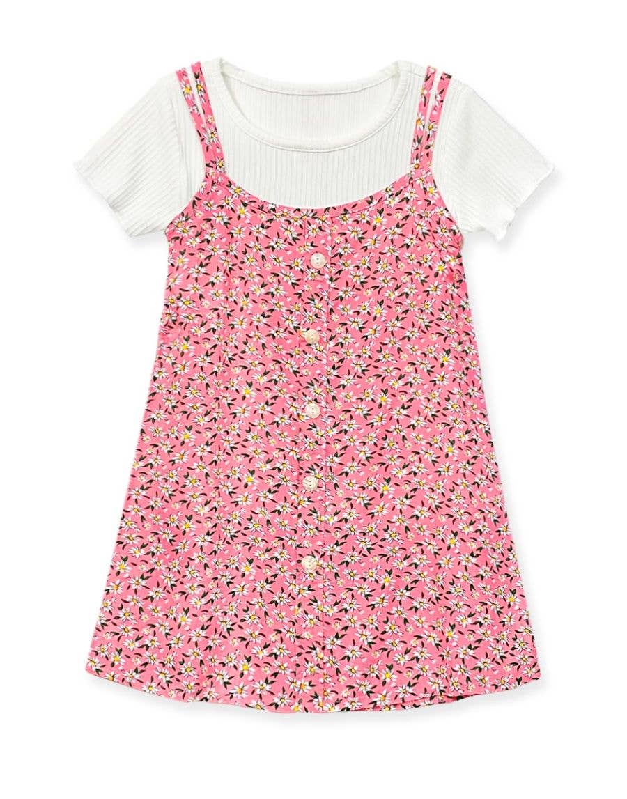 GKSS-3305B-Q304 Girl's 2 pcs Floral Dress & Ribbed Tee Set: Pink Mix Floral / L12/14
