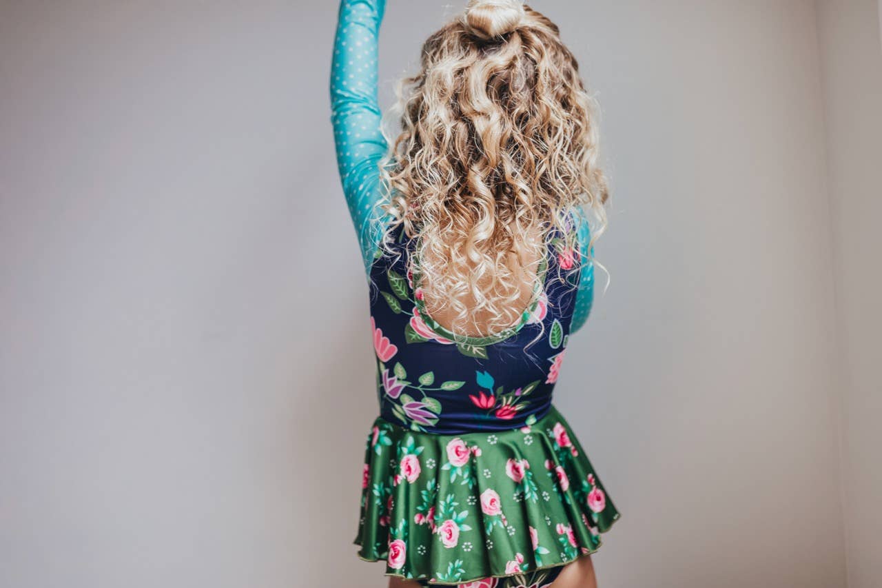 Shiny Flare Skirt Blue Green Floral Leotard