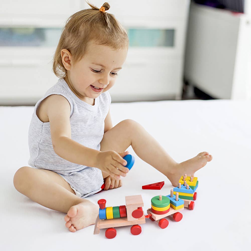 15.5 Inches Wooden Train Shape Sorter and Stacking Toys