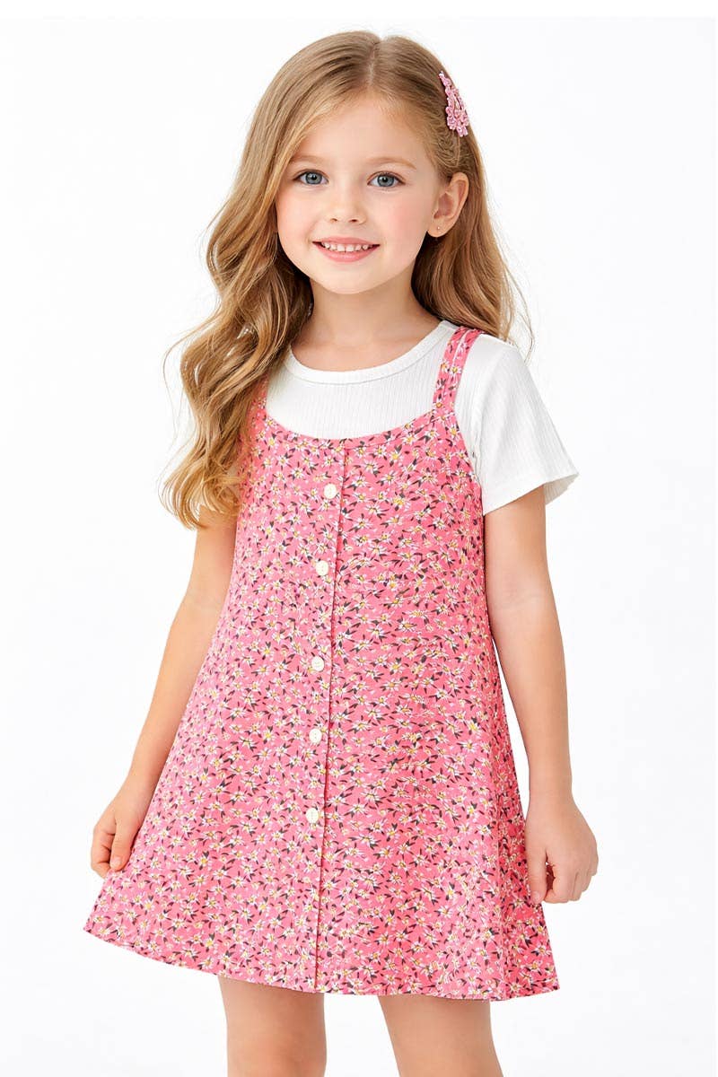 GKSS-3305B-Q304 Girl's 2 pcs Floral Dress & Ribbed Tee Set: Pink Mix Floral / M8/10