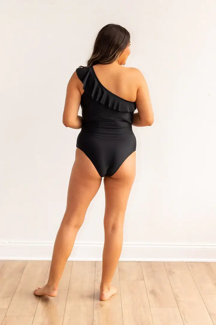 The Sophia Black One Shoulder One Piece with Ruffle: Black / Small