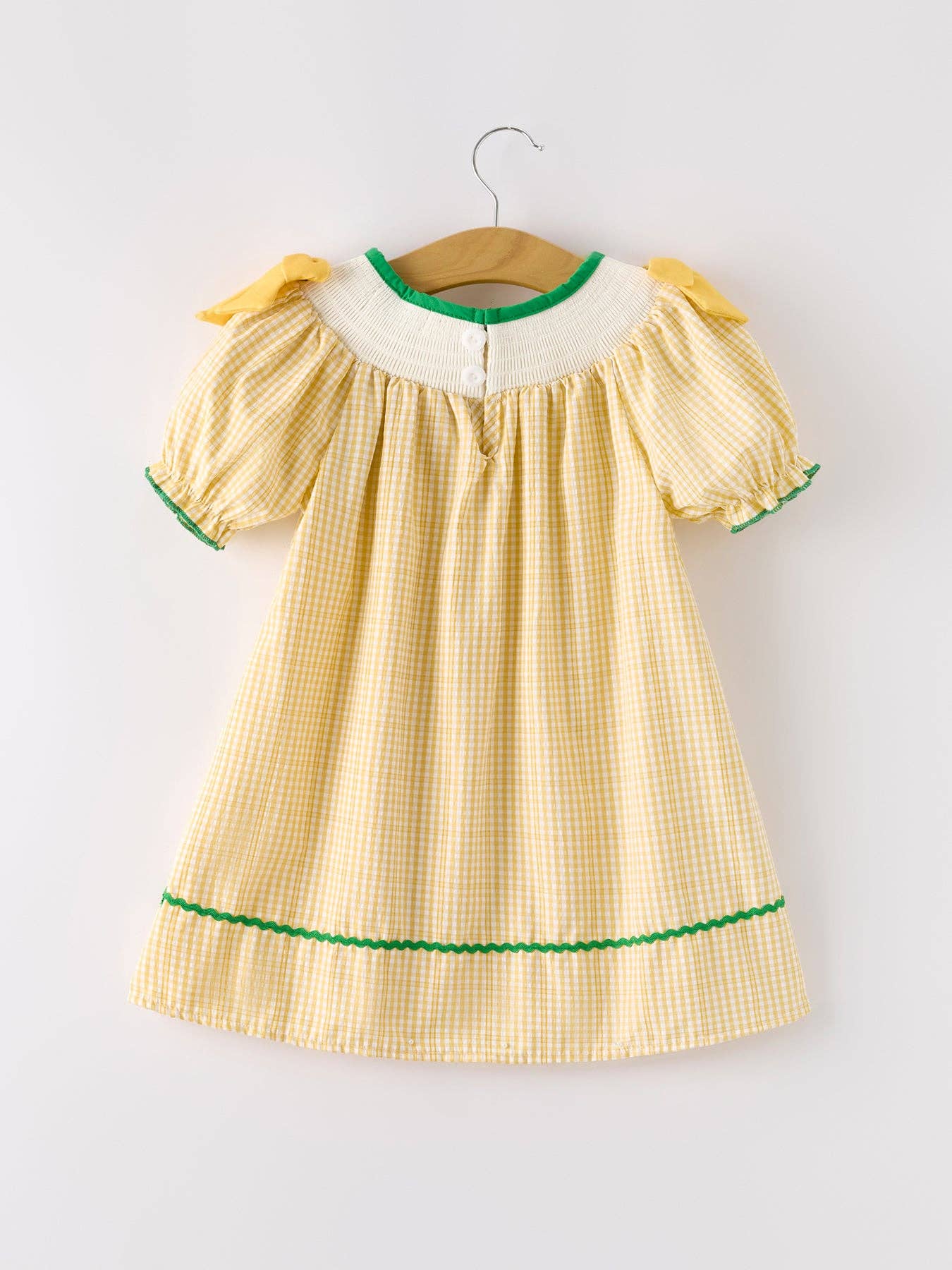 Yellow Plaid Floral Smocking Embroidered Dress