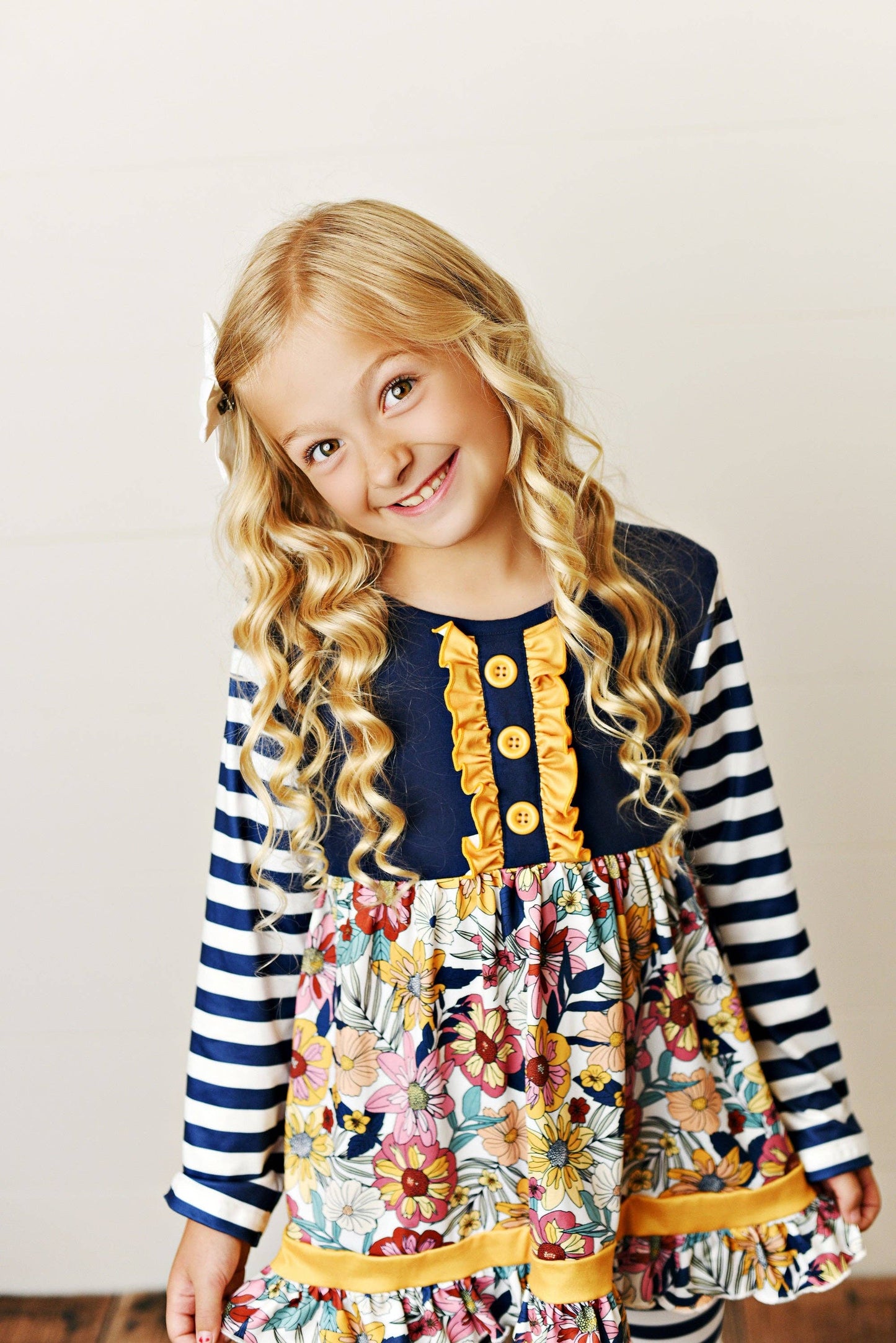 Kids Navy & Mustard Vintage Floral Fall Ruffle Button Set