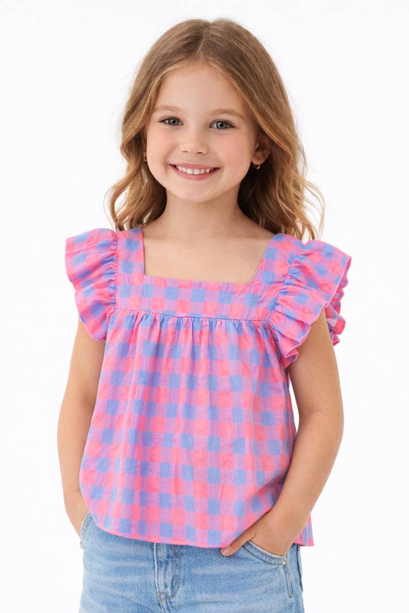 GKT-18004B Girl's Checker Fashion Top w/ Square Neckline: Pink Blue Checker / S6/7