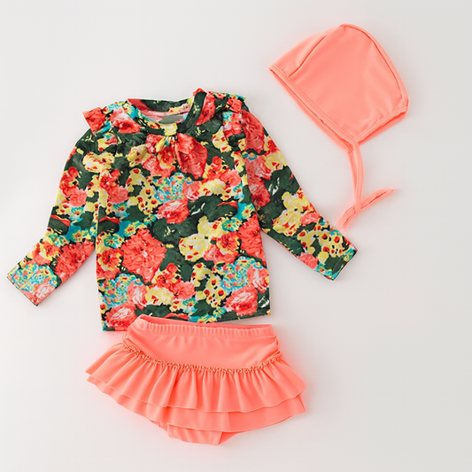 Peach Floral 3pcs Girl Swimwear Set: 3T