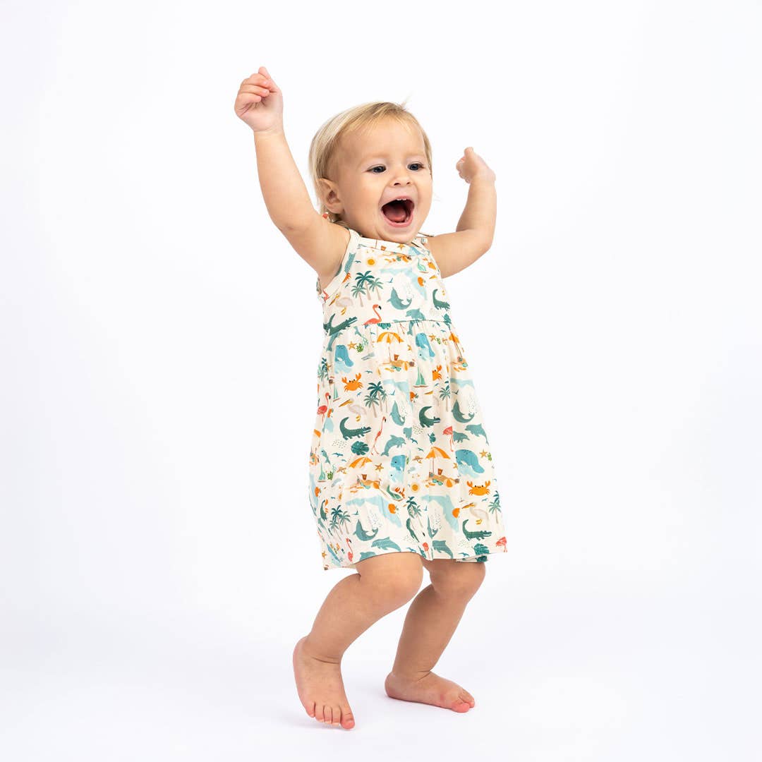 Explore Florida Souvenir Bamboo Kids Sundress: Beige/Multi / 8/9K