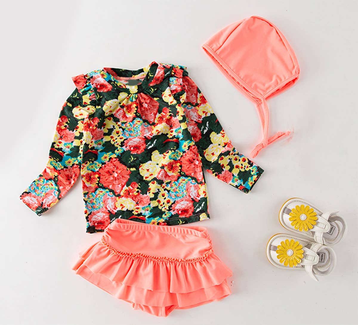 Peach Floral 3pcs Girl Swimwear Set: 3T