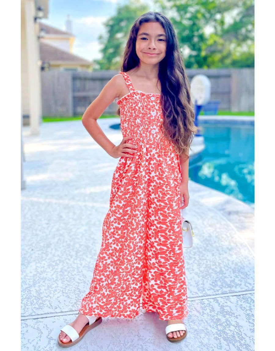 GKD-3103B-L35 Girl's Romper w/ Smocking & Side Pockets : Coral Floral / S6/7