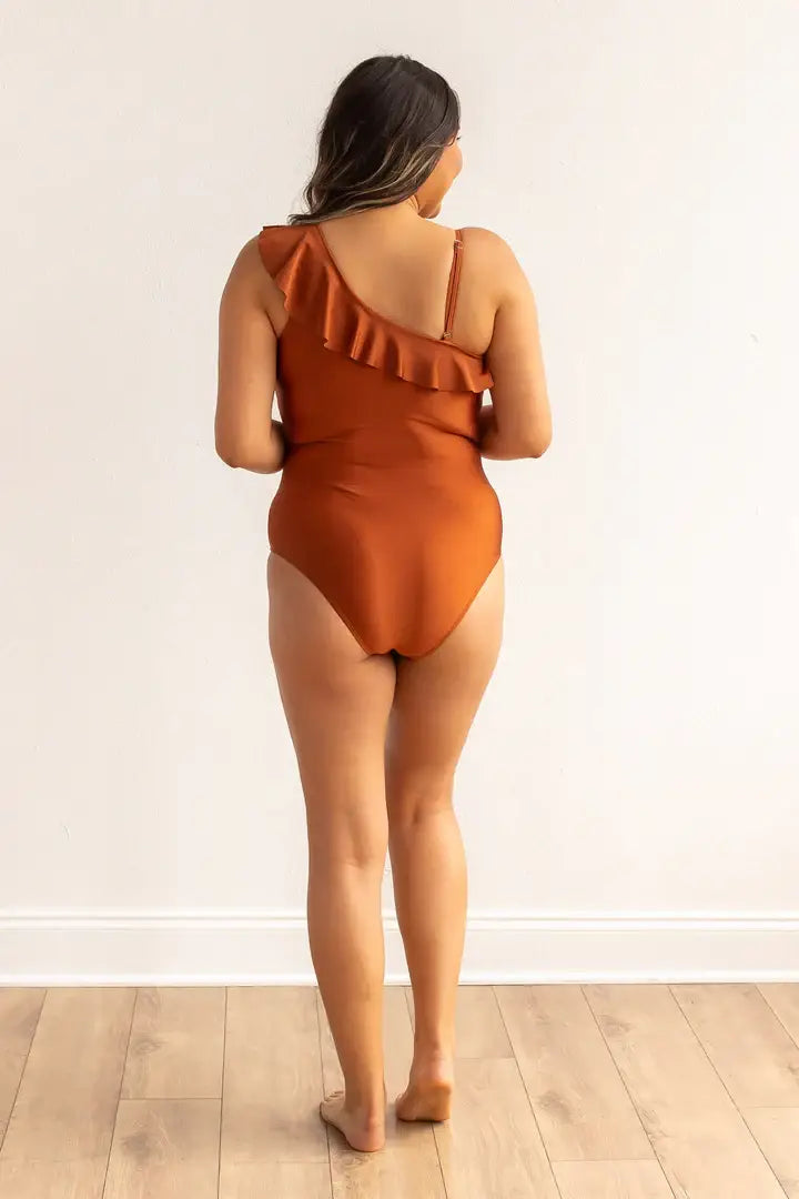 The Serena Rust Off The Shoulder One Piece With Ruffle: Rust / Medium