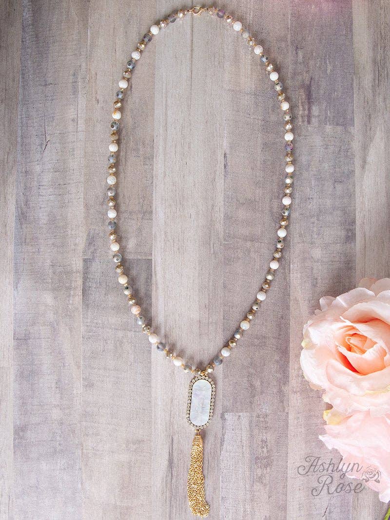 Oval Iridescent Pendent Necklace, White/Grey: Grey / One Size
