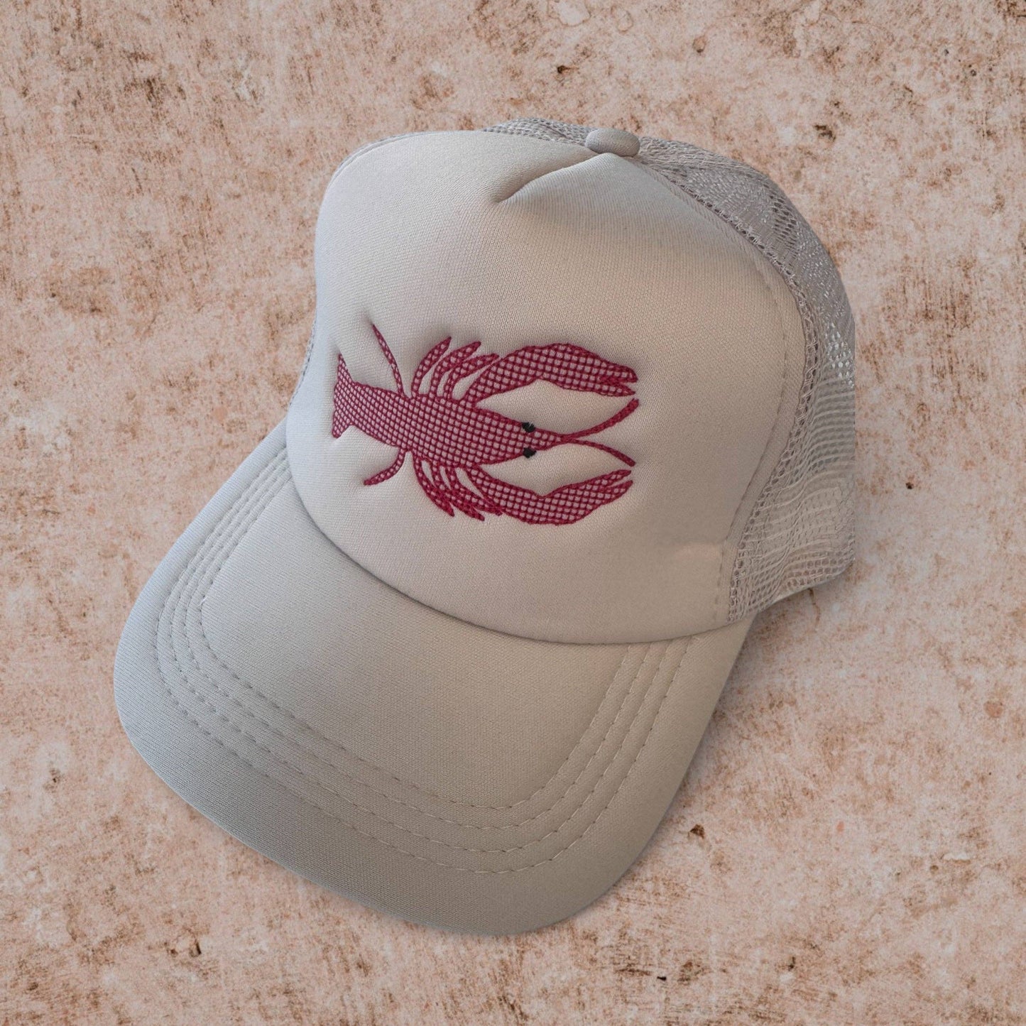 Crawfish Embroidered Trucker Hat, Crawdaddy hat, crawfish boil: Tan