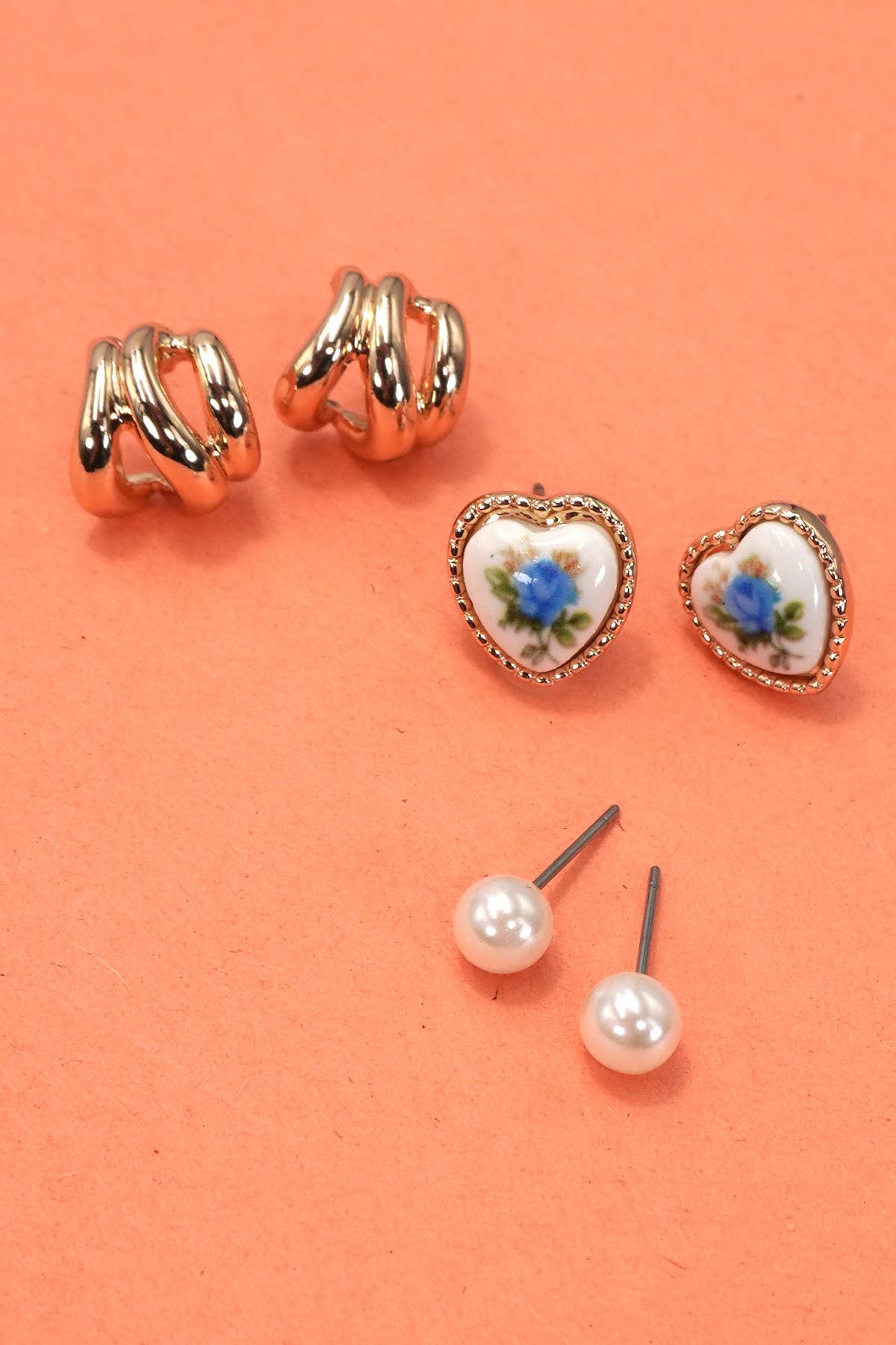 HEART FLORAL PORCELAIN STUD HOOP TRIO EARRINGS | 80E6484: GOLD
