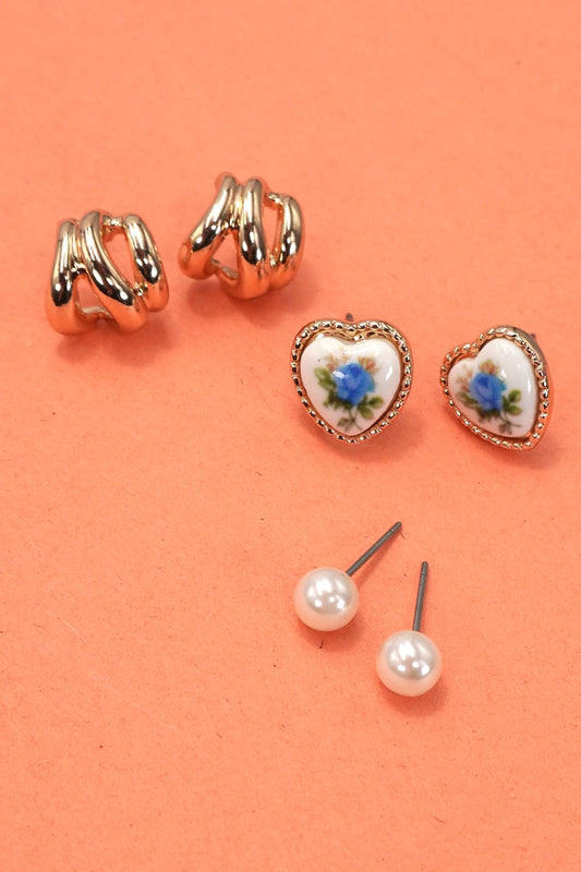 HEART FLORAL PORCELAIN STUD HOOP TRIO EARRINGS | 80E6484: GOLD