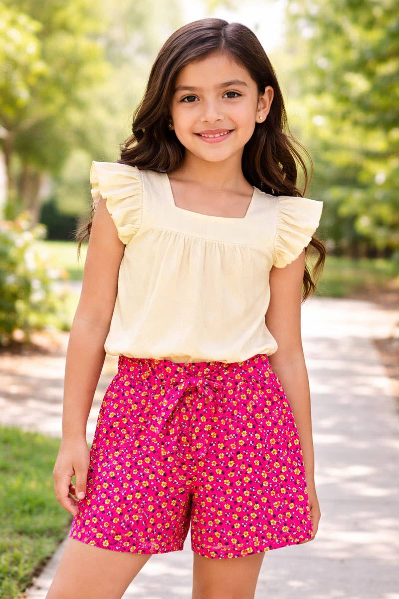 GKSS-3303B-Q201 Girl's 2 pc Floral Short Set w/ Ribbed Top: Creme/Fuchsia Floral / L12/14