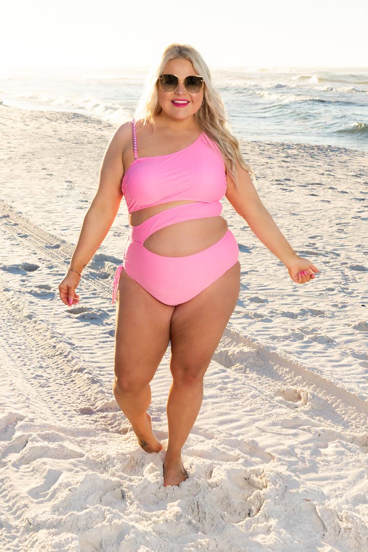 Neon Pink One Piece Side Cutout swimwear- Paradise Radiance Monokini: Pink / X-Large