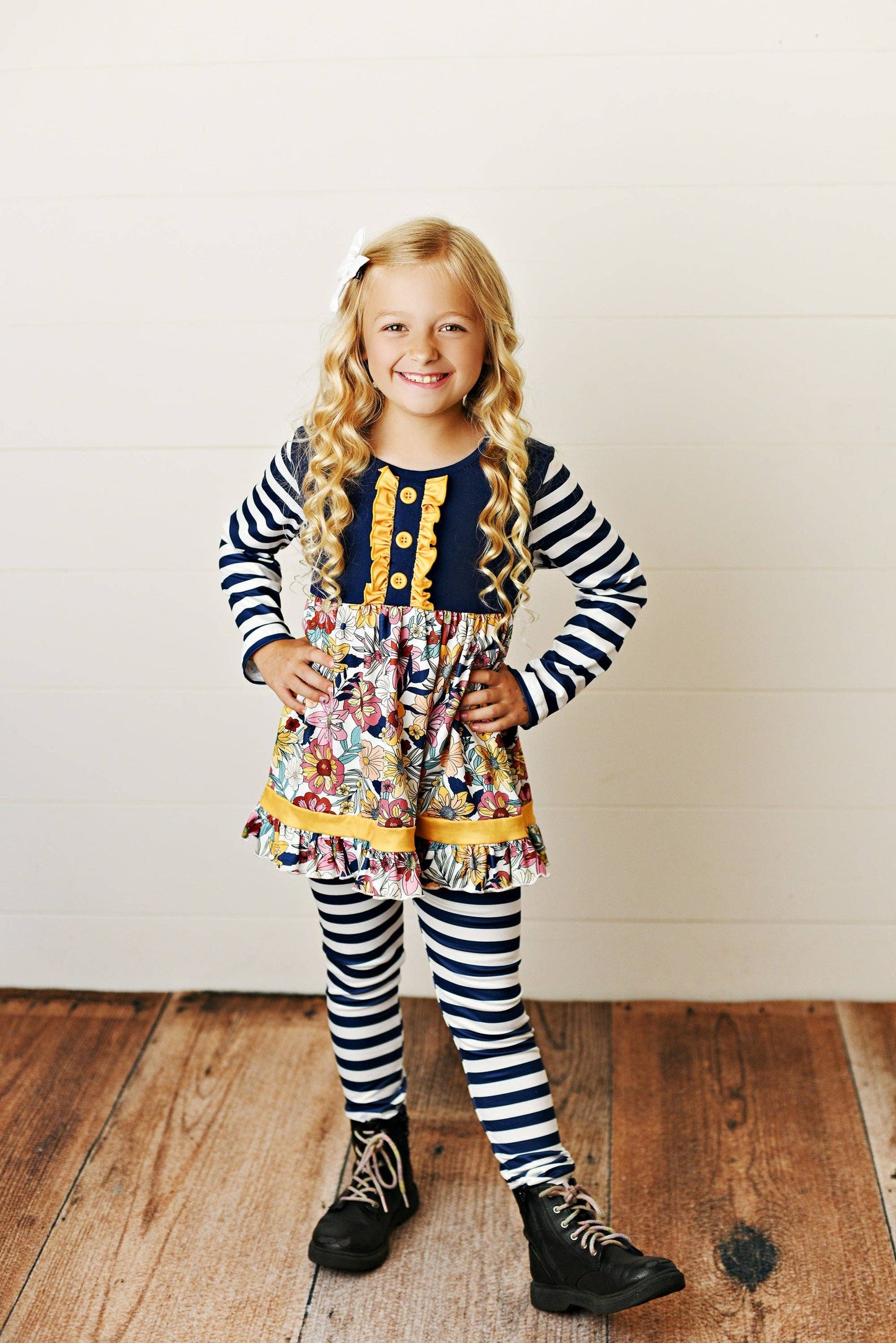 Kids Navy & Mustard Vintage Floral Fall Ruffle Button Set