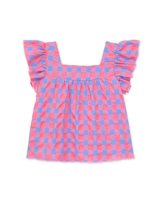 GKT-18004B Girl's Checker Fashion Top w/ Square Neckline: Pink Blue Checker / M8/10