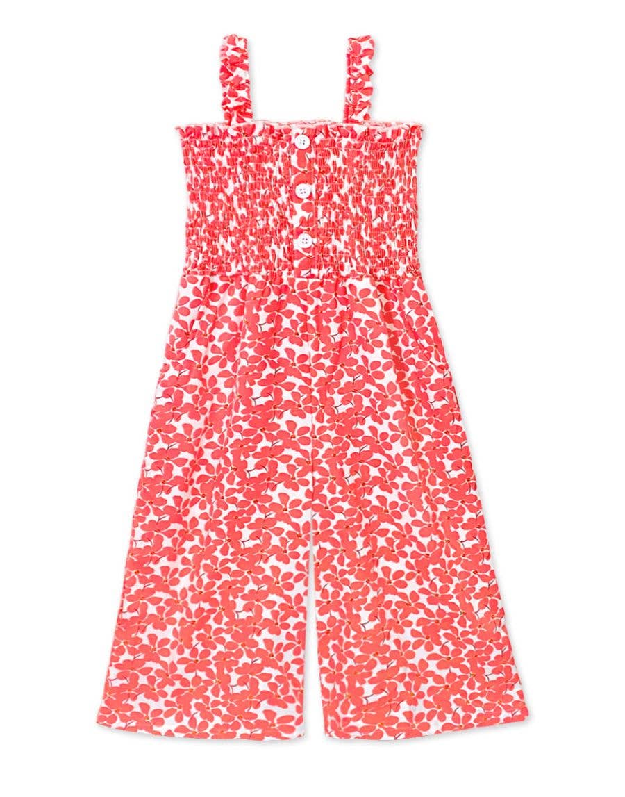 GKD-3103B-L35 Girl's Romper w/ Smocking & Side Pockets : Coral Floral / S6/7