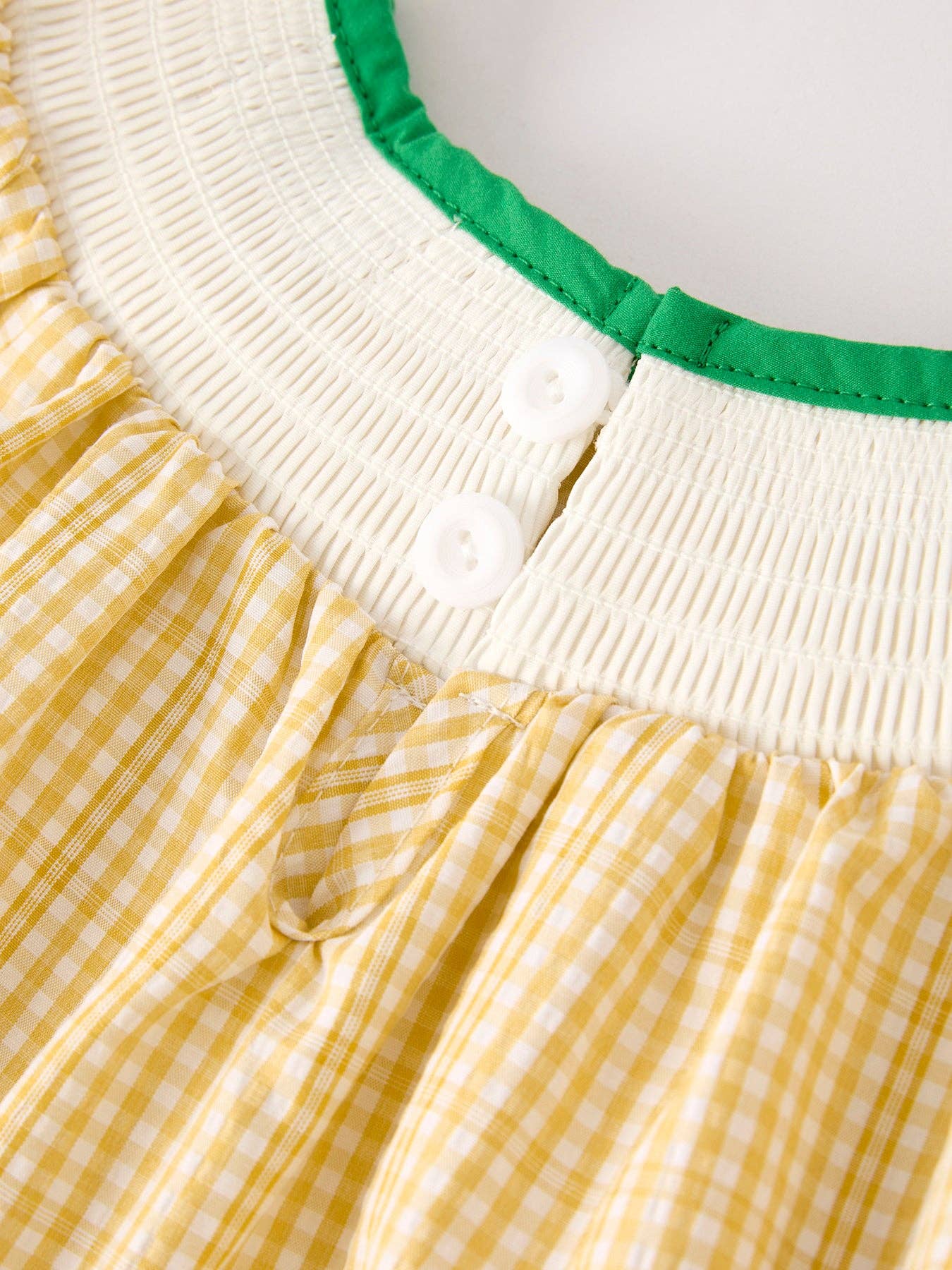 Yellow Plaid Floral Smocking Embroidered Dress: 2