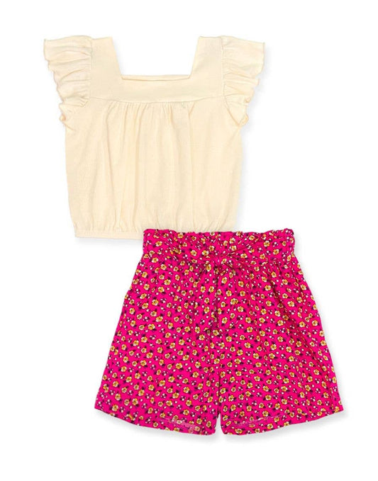 GKSS-3303B-Q201 Girl's 2 pc Floral Short Set w/ Ribbed Top: Creme/Fuchsia Floral / L12/14