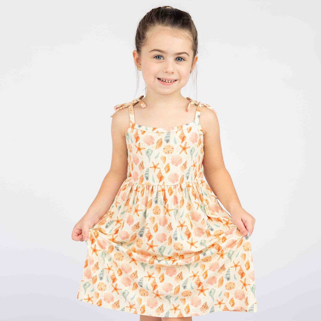 Sandy Seashells Beachy Kids Bamboo Sundress: Beige/Multi / 8/9K