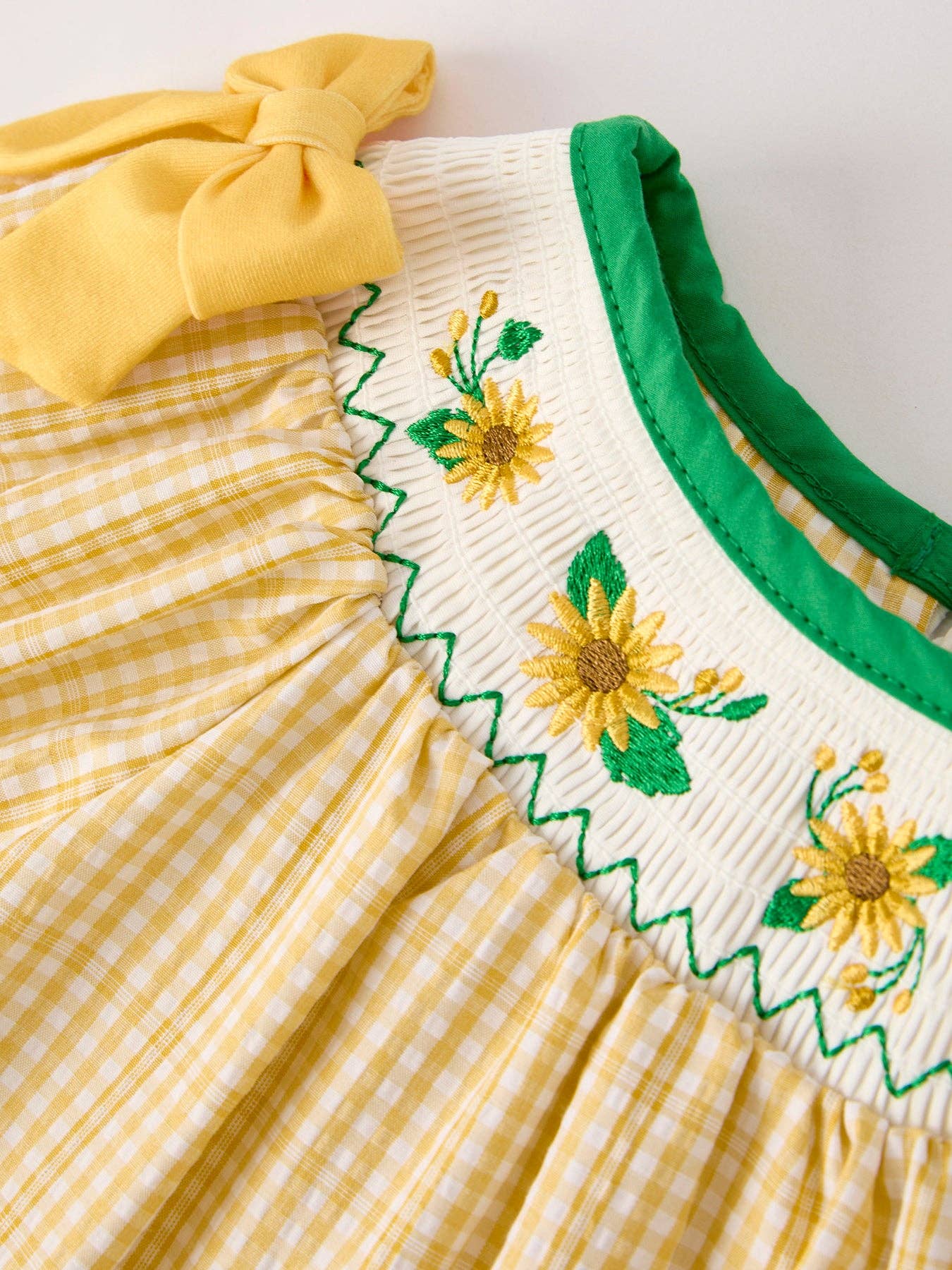 Yellow Plaid Floral Smocking Embroidered Dress