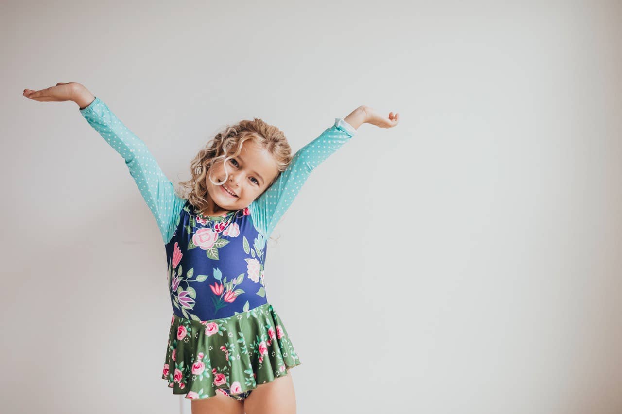 Shiny Flare Skirt Blue Green Floral Leotard