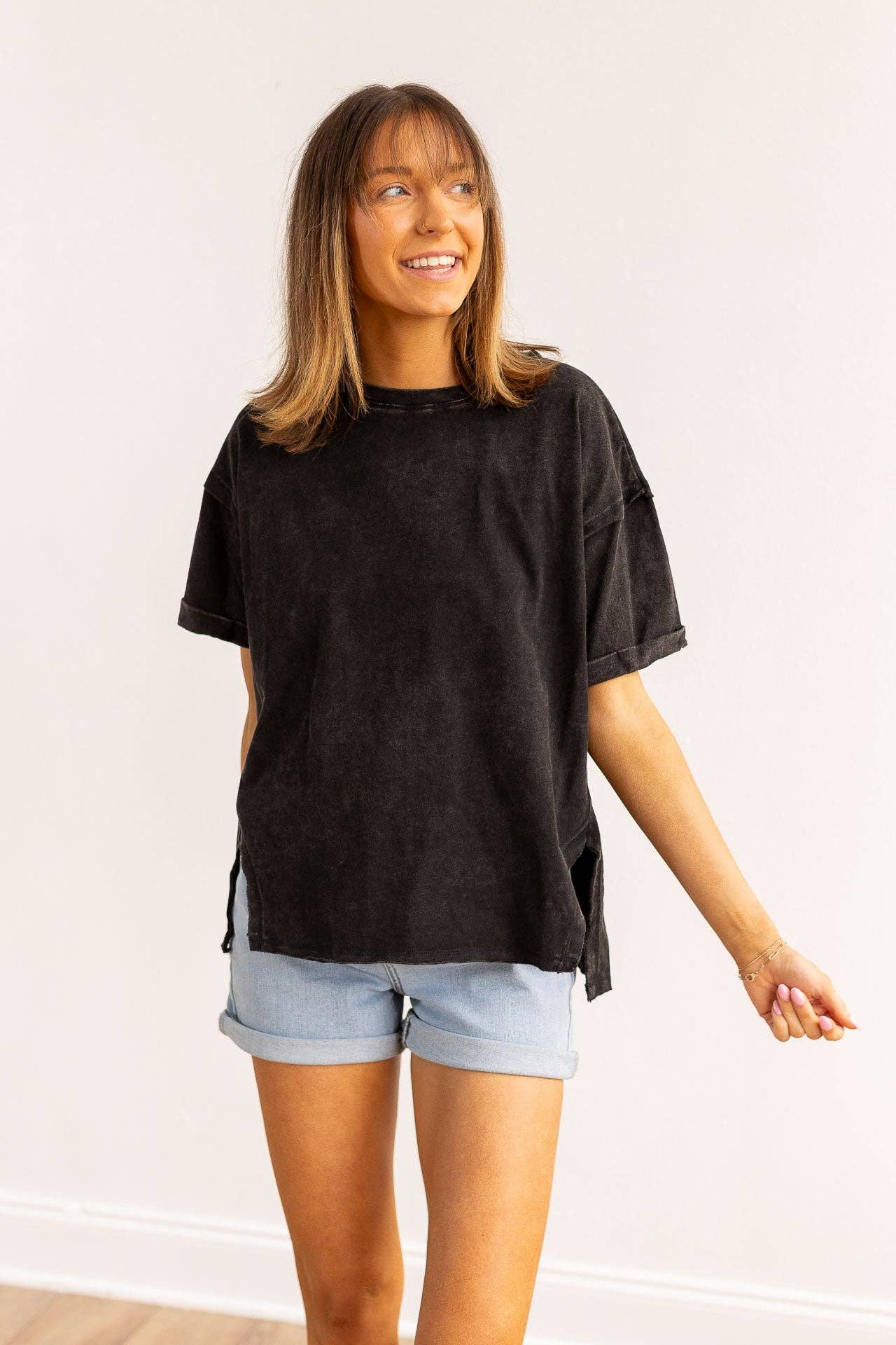 Black side slit crop with raw stitching.: Black / Plus Size