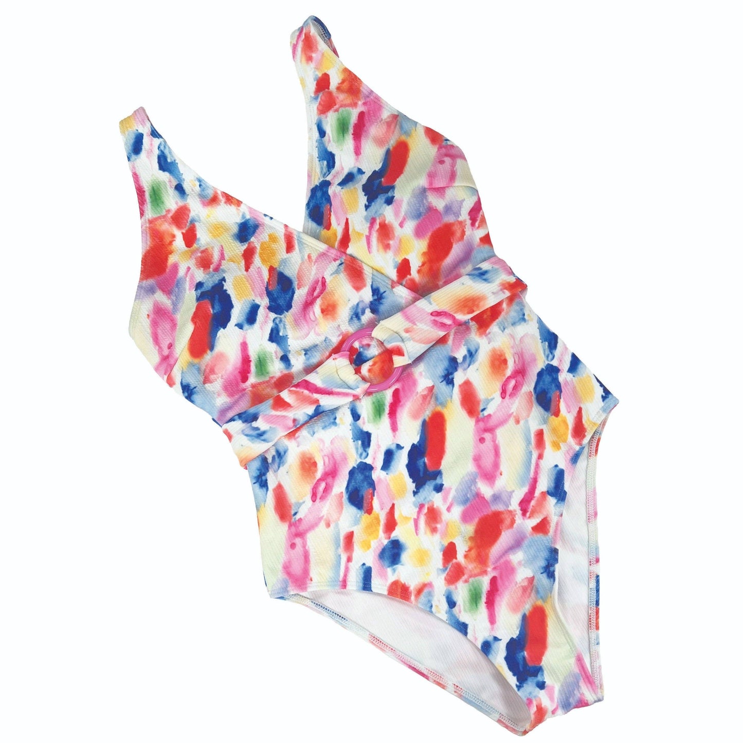 Abstract multicolor one piece swimwear with belt: Multi / Medium