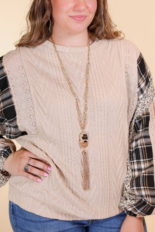 ALL THE DRAMA OVAL LEOPARD TASSEL GOLD PENDANT ON A IRIDESCENT CRYSTAL BEADED GOLD LINKED CHAIN NECKLACE: Gold / One Size