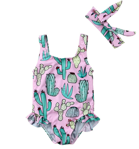 Cactus One-Piece Baby Girl Swimsuit & Headband: 6-12 Months