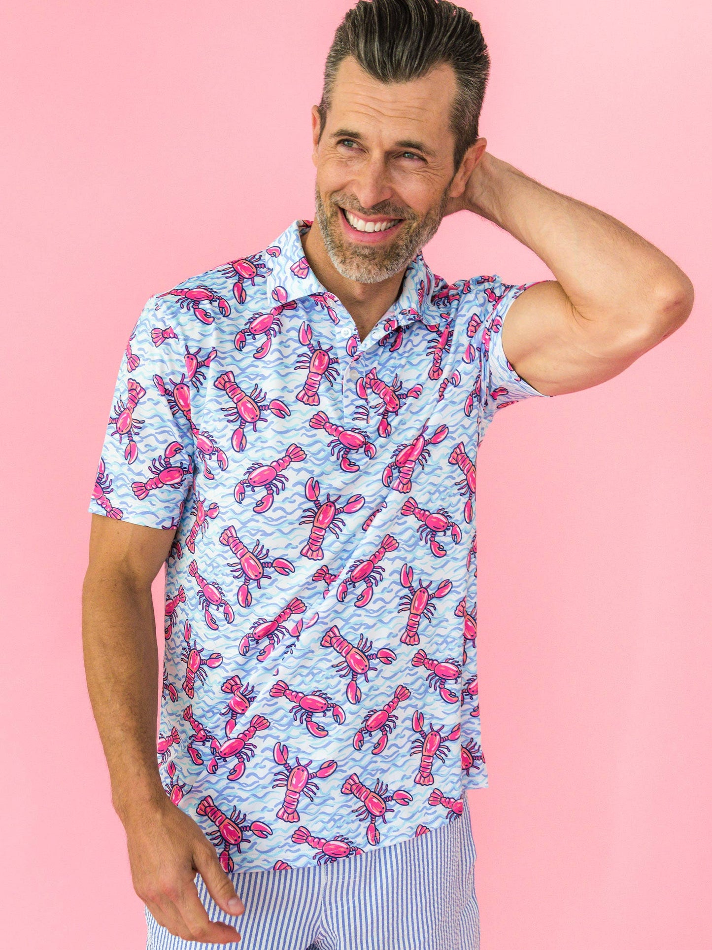 Men's Blue Lobster Lagoon Knit Short Sleeve Performance Polo: Blue / Men's XL