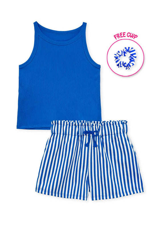 GKSS-Y26-38185 Girl's Stipe Short Set w/ Matching Scrunchie: Blue / 8
