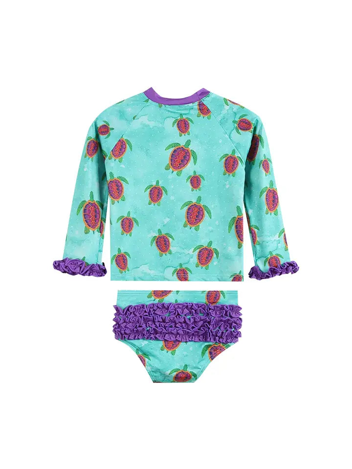 Turquoise Turtle Ruffle Two Piece Swim Suit