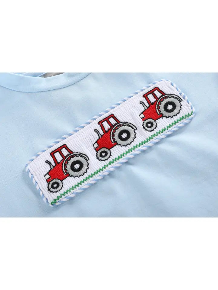 Blue Tractor Smocked Tee and blue sriped sh