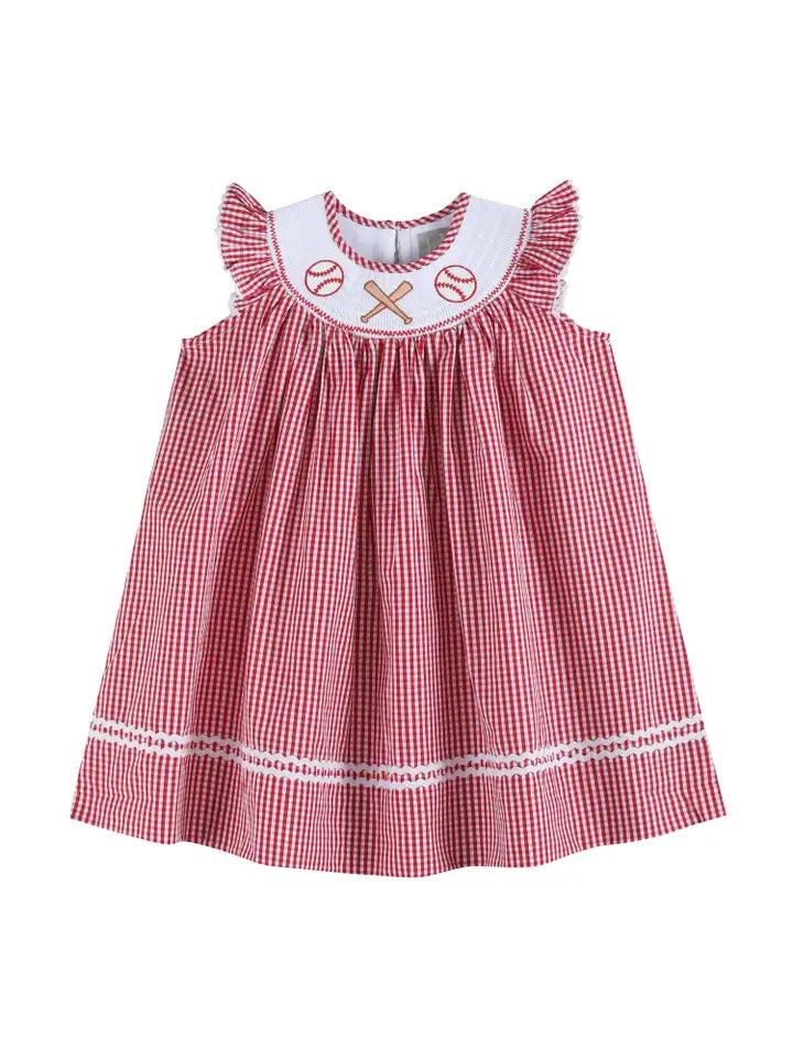 Red Gingham Baseball Smocked Dress