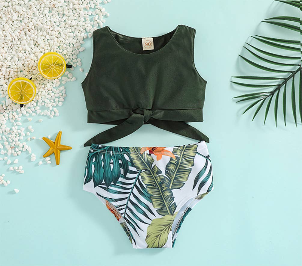Green Tropical Toddler 2-Piece Little Girl Swimsuit Set: 1-2T