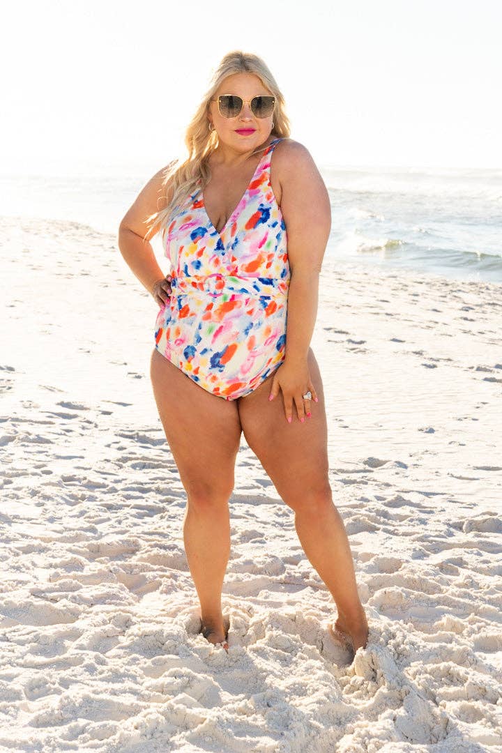 Abstract multicolor one piece swimwear with belt: Multi / Small